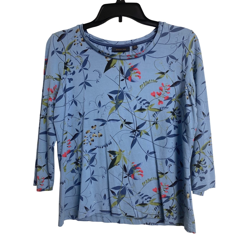 Amber Sun Blue Floral Botanical Print 3/4 Sleeve Knit‎ Top Size M